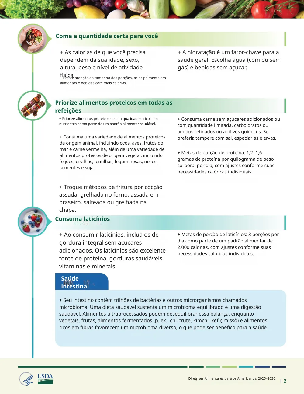 The same page translated into Portuguese by Reglyph: headings such as “Coma a quantidade certa para você”, the two-column bullet lists, the blue “Saúde intestinal” callout box, the food photos and the USDA/HHS logos stay in their original positions
