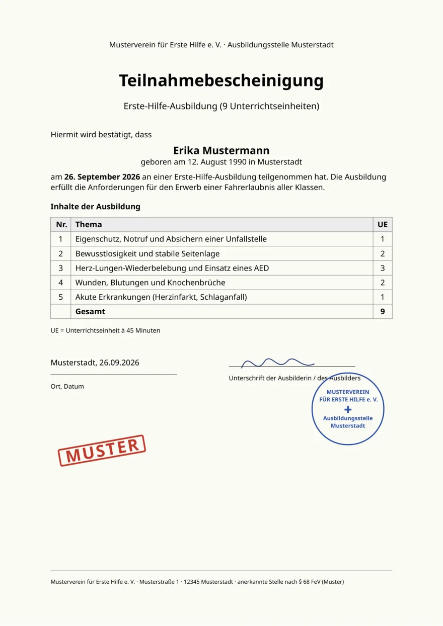 Original: gescannte Muster-Teilnahmebescheinigung Erste Hilfe mit Kurstabelle, Unterschrift und rundem Stempel
