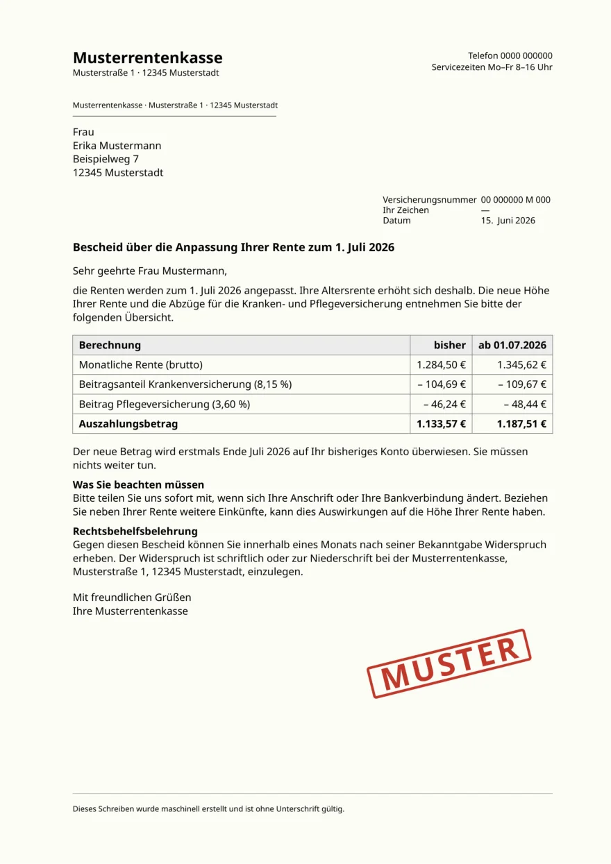 Original: gescannter Muster-Rentenbescheid mit Tabelle der Rentenbeträge und MUSTER-Stempel