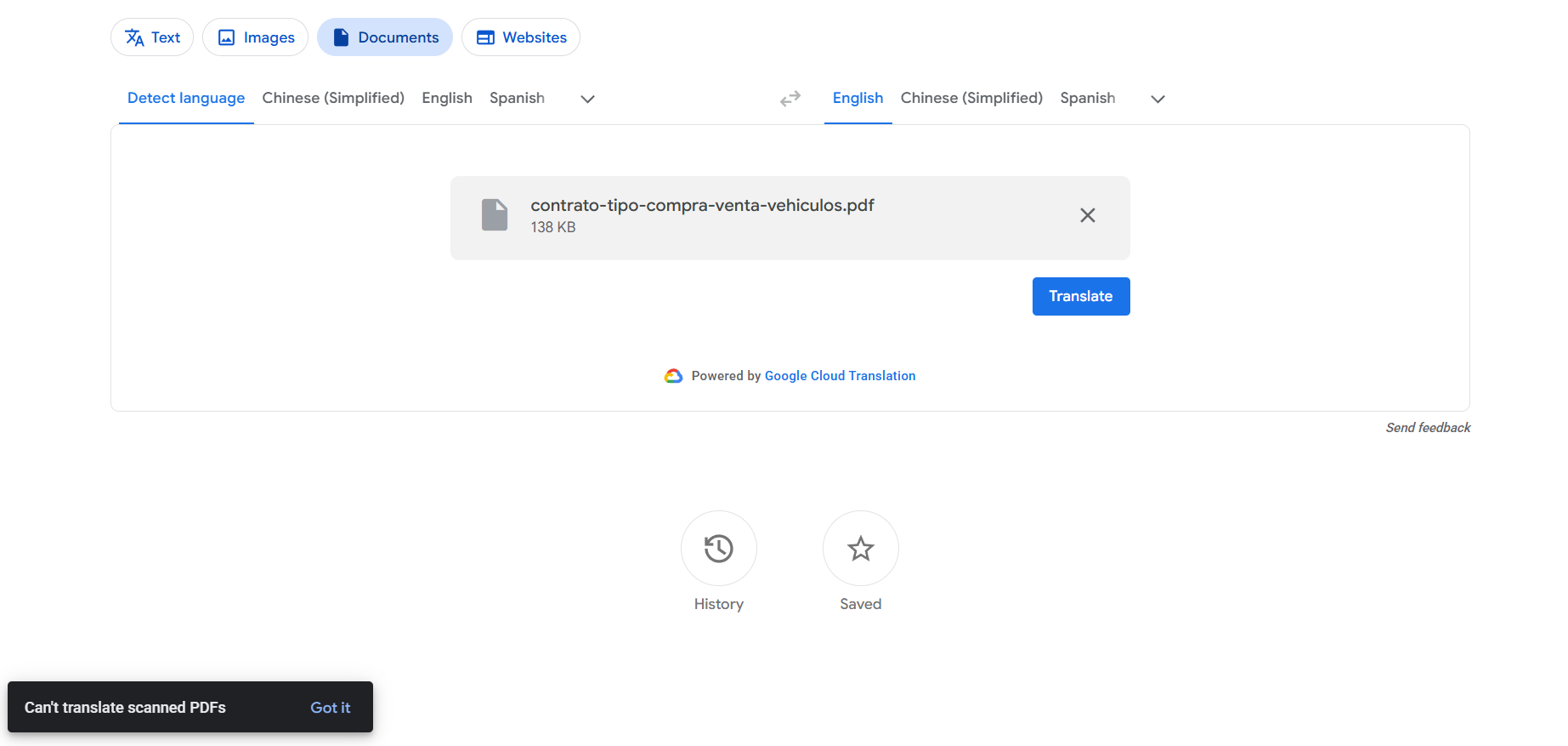 Google Translate's Documents tab showing the message 'Can't translate scanned PDFs' after uploading a scanned PDF