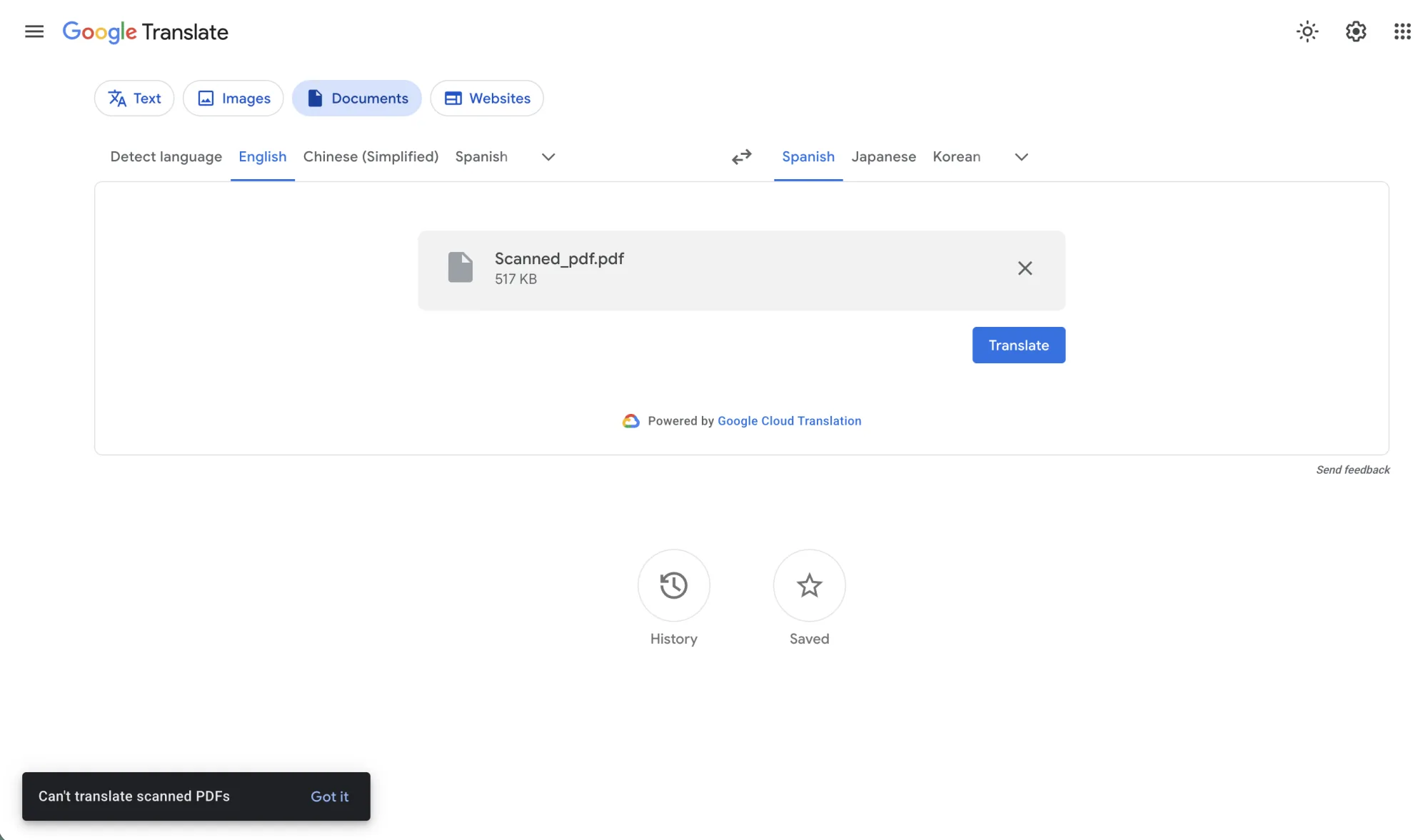 上传扫描版 PDF 后，Google Translate 文档标签页角落弹出提示 Can't translate scanned PDFs