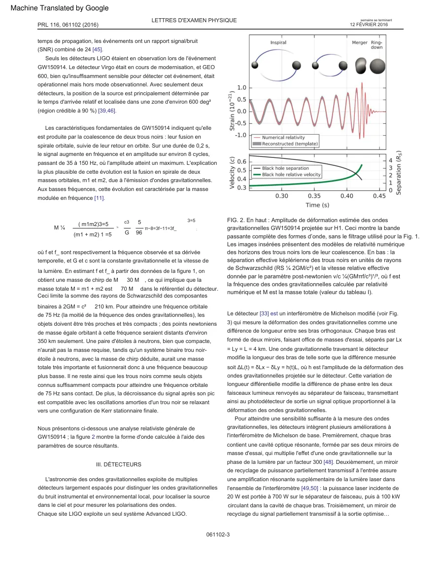 Google Translate translation of the physics paper page: the columns, figure and paragraph indents are kept, but the chirp-mass equation is broken into scattered fragments and inline equals signs show as ¼.