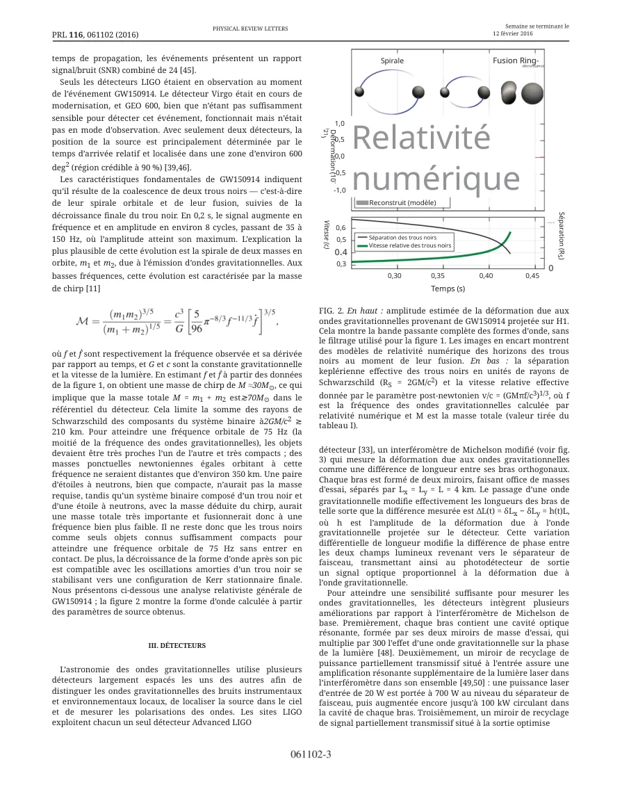 DeepL 译文（带公式和插图的双栏物理论文页面）：法语正文排得很整齐，没有重叠；图里的标签翻了，但过大的“Relativité numérique”盖住了图表，波形也看不见了。