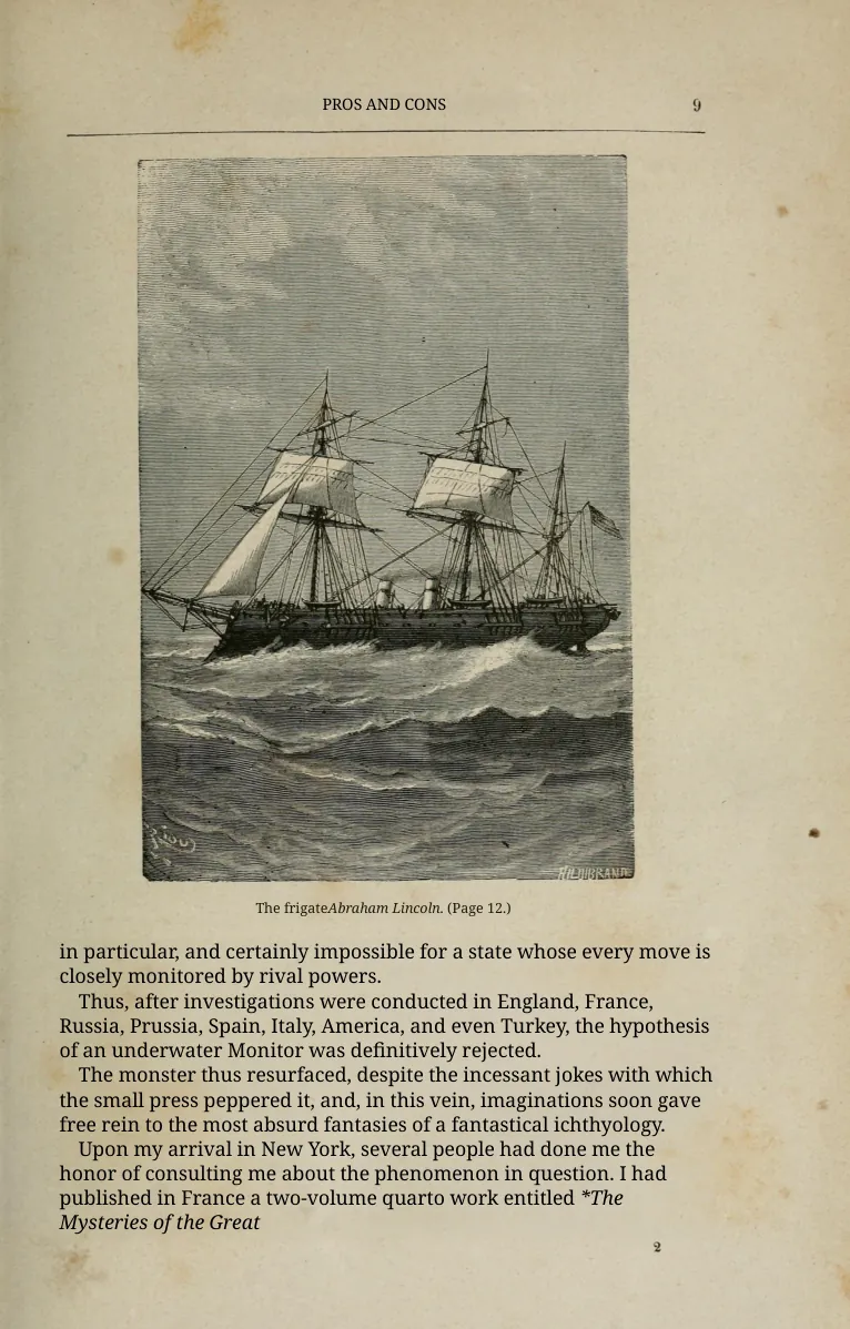 DeepL 译文（带帆船版画的 1871 年旧书扫描页）：英文印在原来发黄的纸上，首行缩进和斜体书名都保住了；有一处少了空格，书名前多了一个星号。