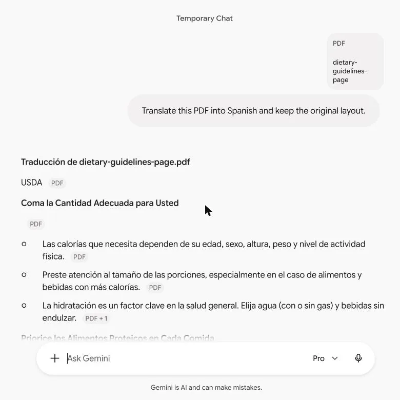 Gemini 对话框里的西语译文：带标题和圆点的文字，没有页面