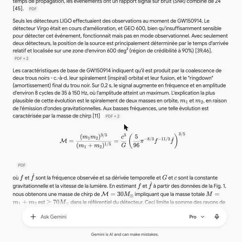 Gemini 对话界面中的法语译文，其中质量公式被渲染成工整的数学式