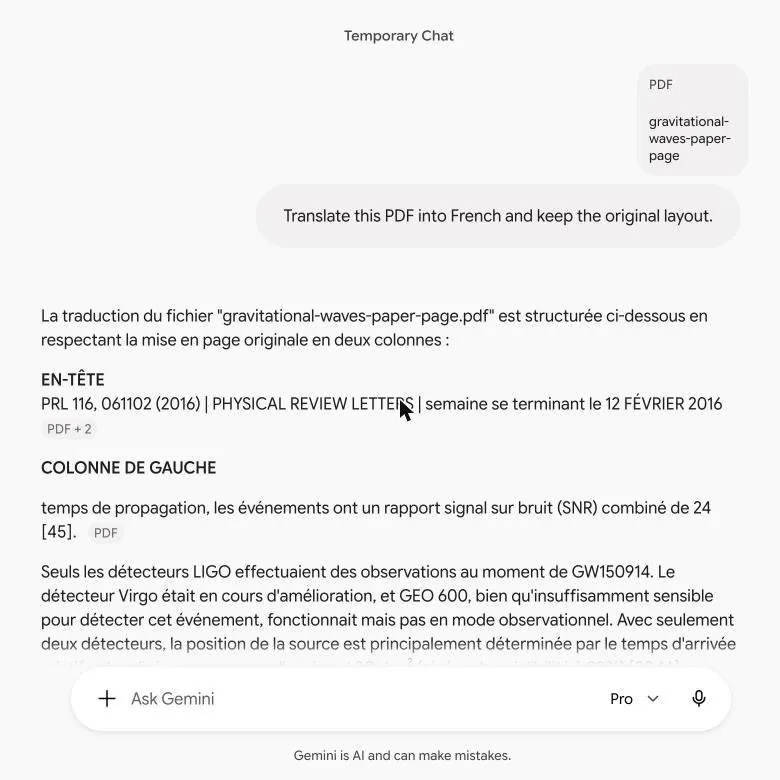 Gemini 对话框里的法语译文，按左栏、右栏分段