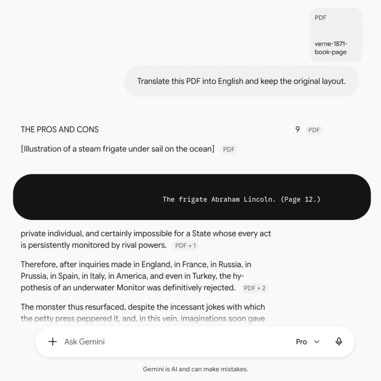 Gemini 对话框里的英文译文：版画换成了一行文字说明，图注放进了代码框