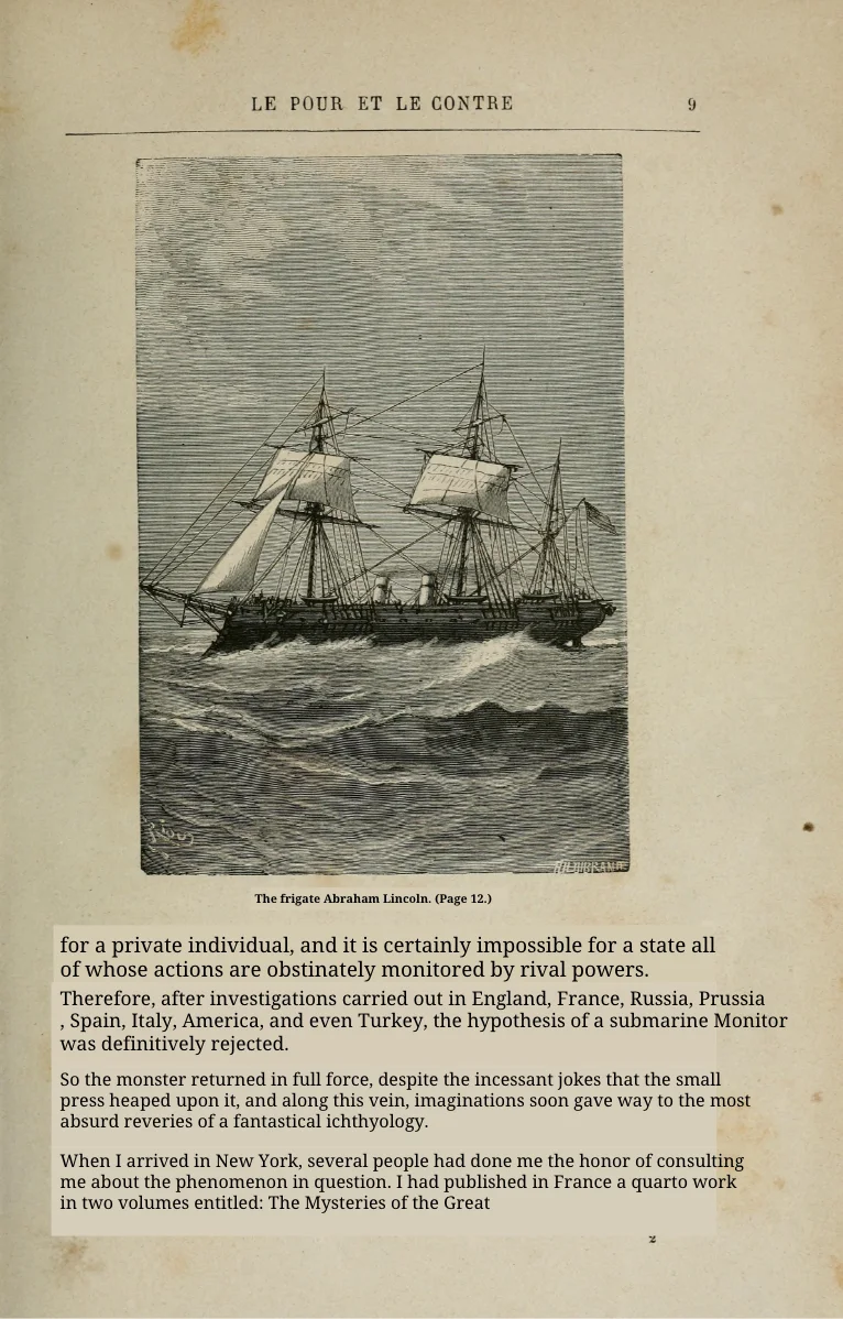 Reflo 译文（带帆船版画的 1871 年旧书扫描页）：英文译文放在一块平涂的米色方块里，方块边缘生硬，纸张纹理被盖住，页眉还是法语。