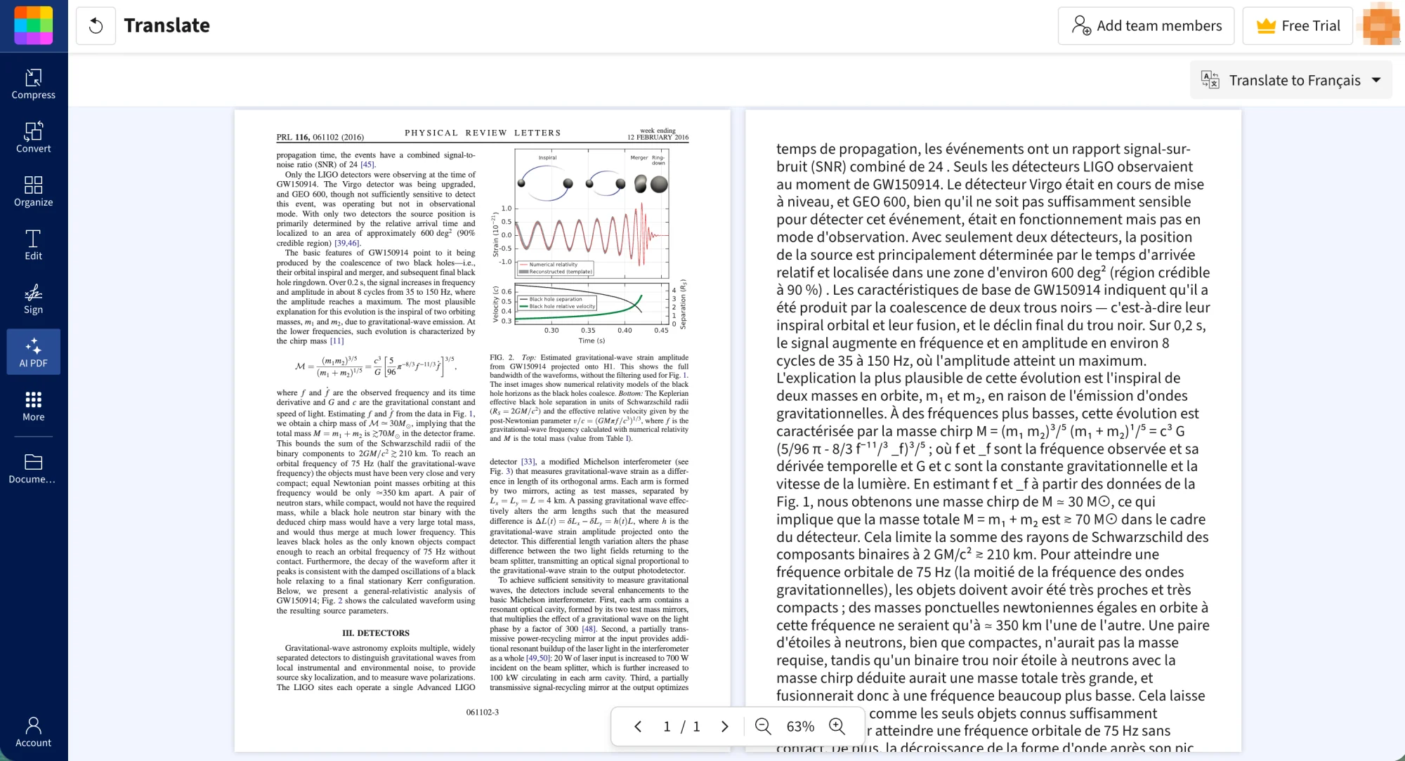 Smallpdf 翻译双栏物理论文后的界面：左边是原文，右边的法语译文是一段纯文字，分栏、插图和公式排版都没了。