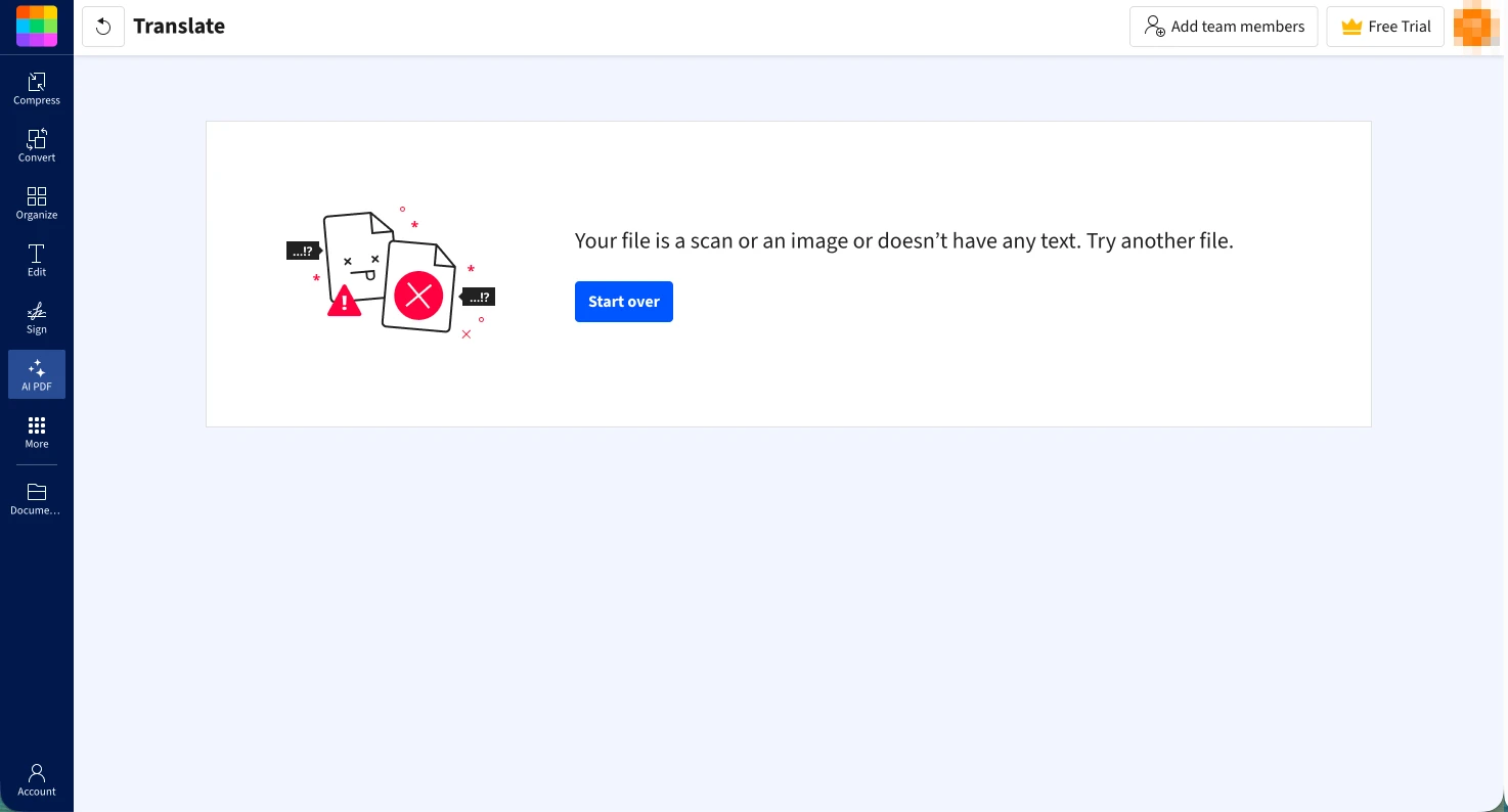 上传扫描版 PDF 后 Smallpdf 翻译页面的提示：Your file is a scan or an image or doesn't have any text. Try another file.